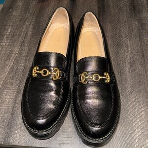 Sam Edelman Black Leather Horsebit Loafers with Gold Hardware